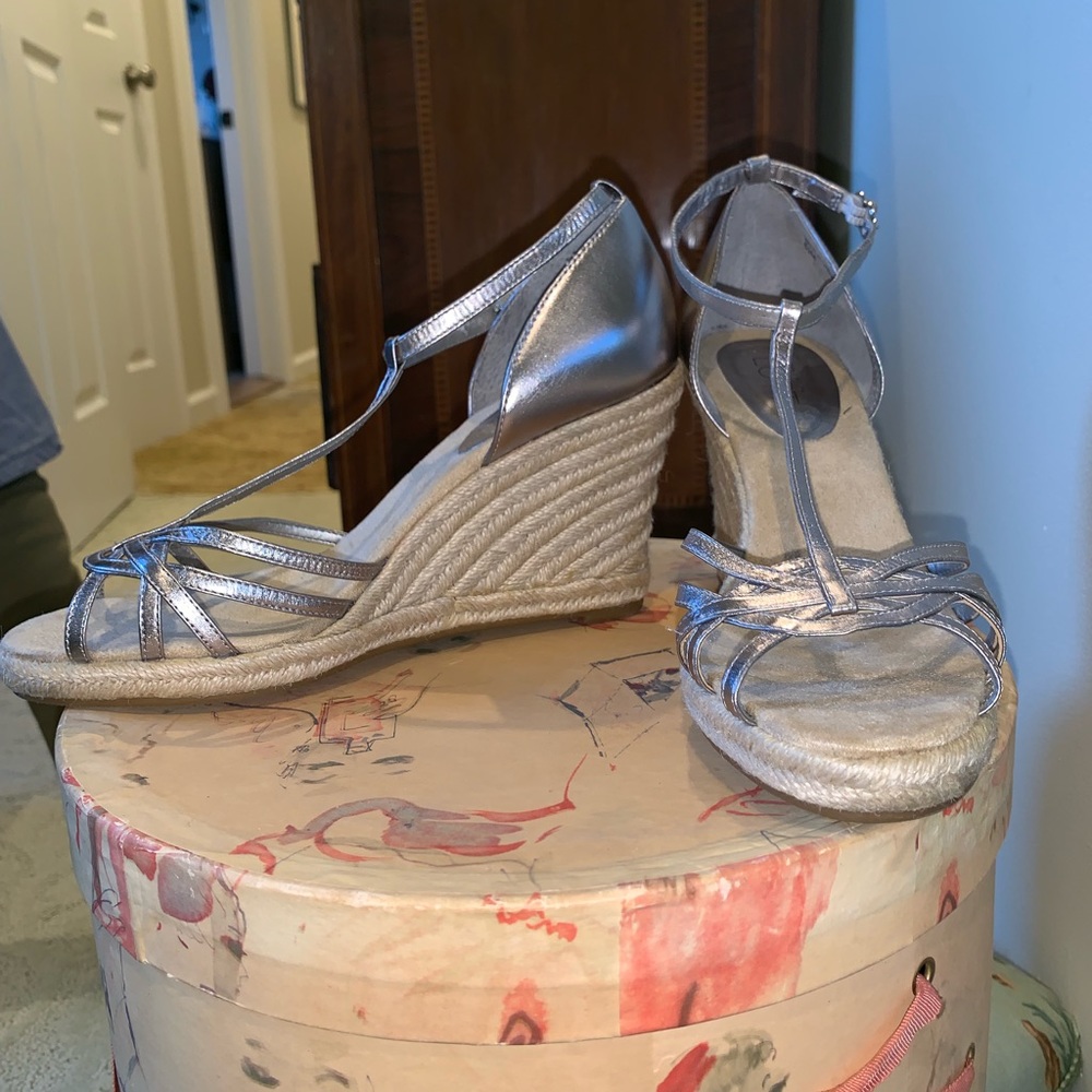 Silver metallic espadrille wedge